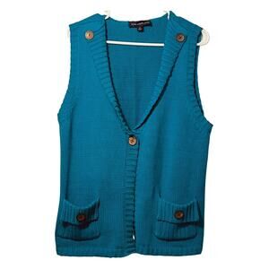 Susan Graver Sweater Vest Womens Size XL Turquoise Blue Sleeveless One Button